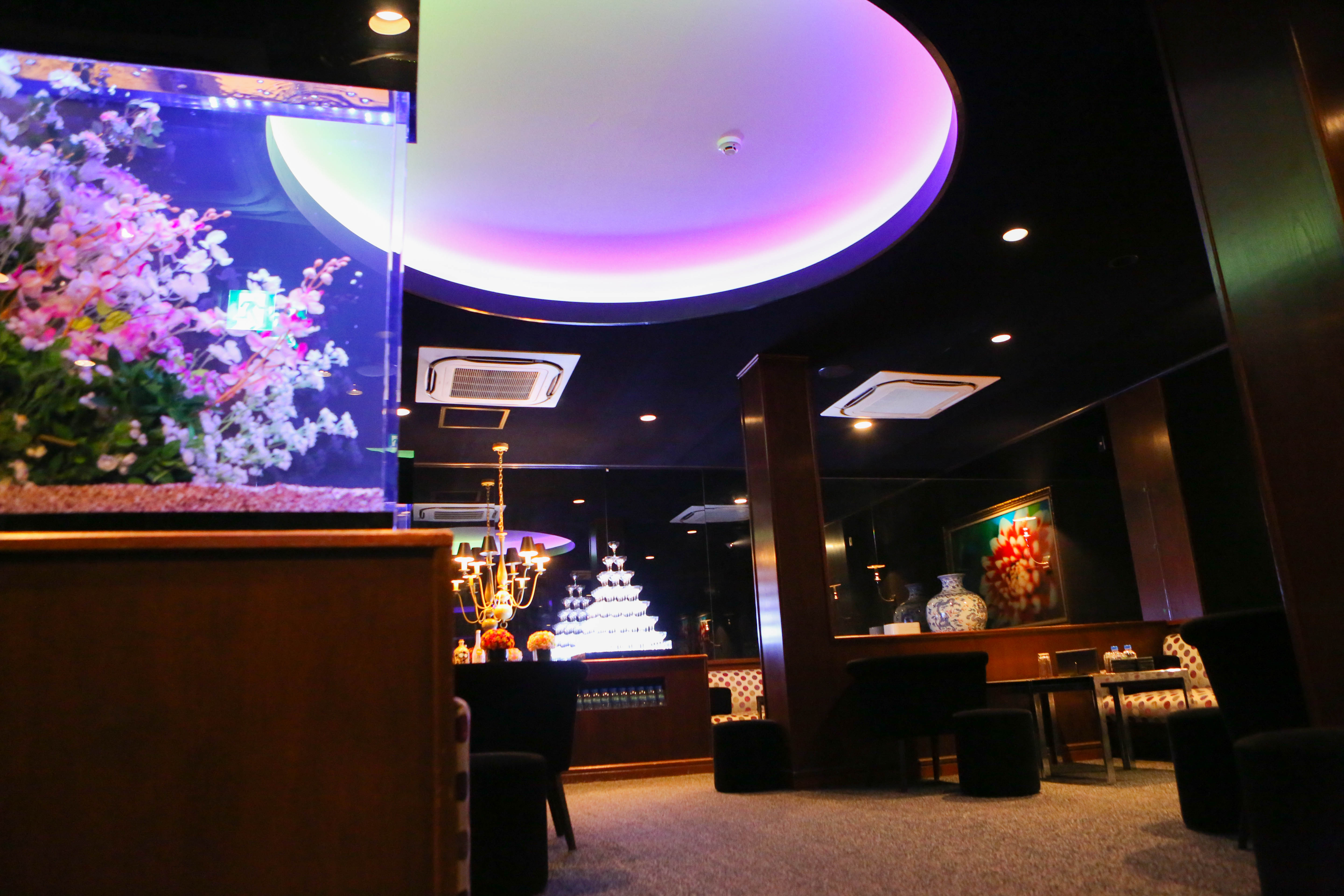 CLUB GARIMPO 店内。水槽と円形の天井照明が広がるフロア